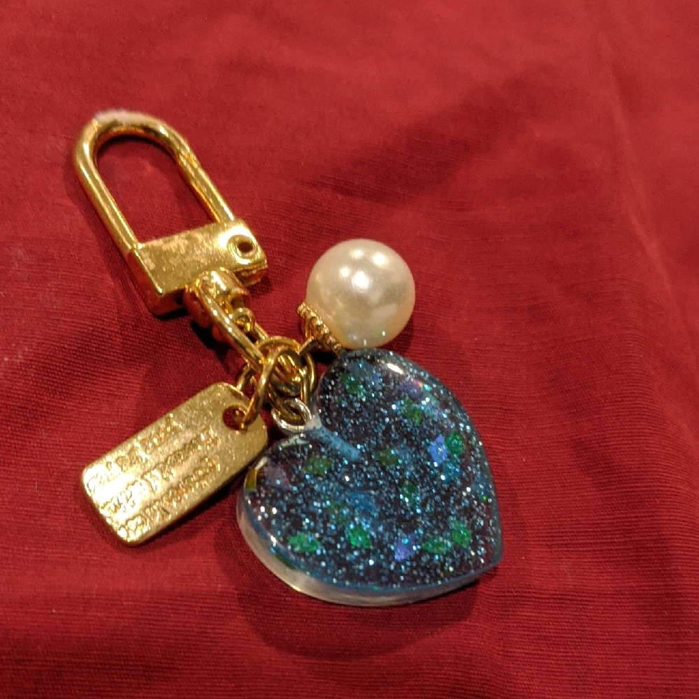 Gold and Blue Heart Keychain with Pearl Accent